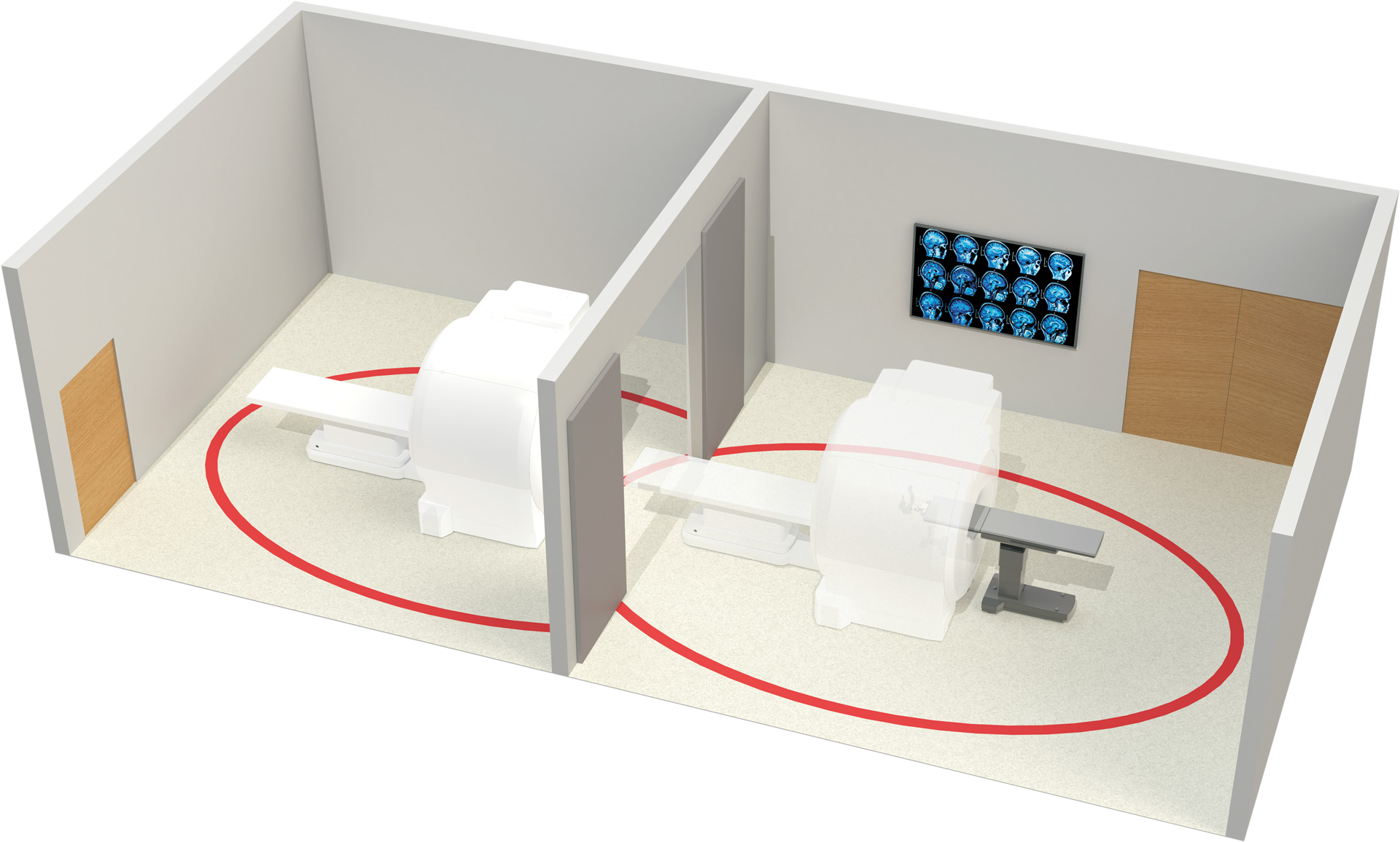 3D render of intraoperative MRI with Diagnostic and Operating Rooms.
